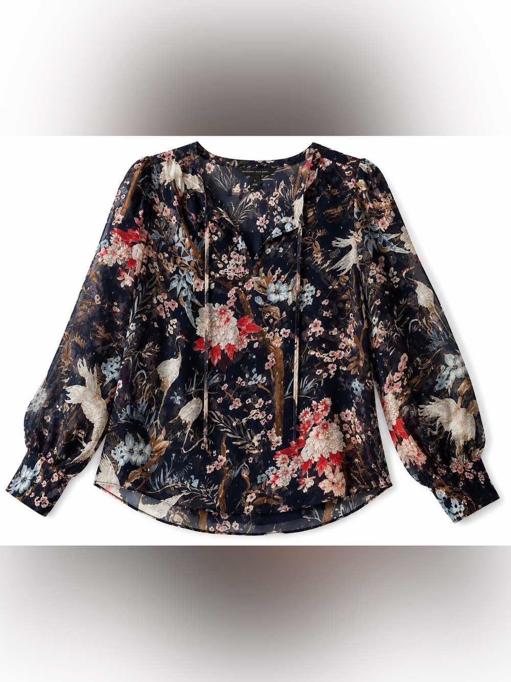 WHBM Navy Floral Sheer Metallic Tie Neck Blouse (NWT) Large - Picture 3 of 6